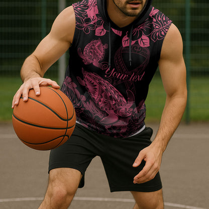 Personalised Polynesian Turtle Ribbon Sleeveless Hoodie Think Pink Breast Cancer Support With Pacific Hibiscus