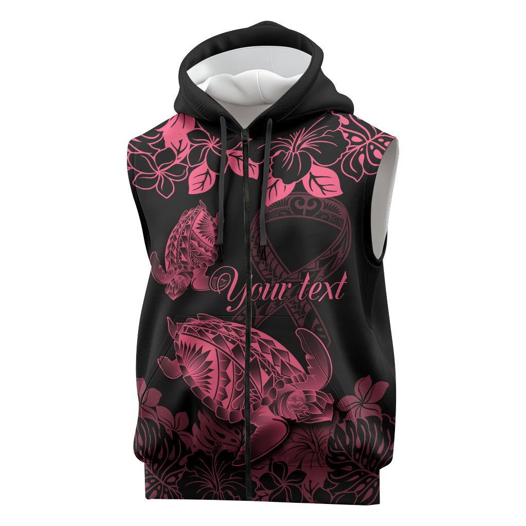 Personalised Polynesian Turtle Ribbon Sleeveless Zip Hoodie Think Pink Breast Cancer Support With Pacific Hibiscus