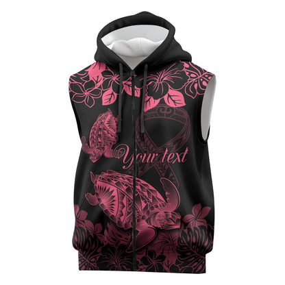 Personalised Polynesian Turtle Ribbon Sleeveless Zip Hoodie Think Pink Breast Cancer Support With Pacific Hibiscus
