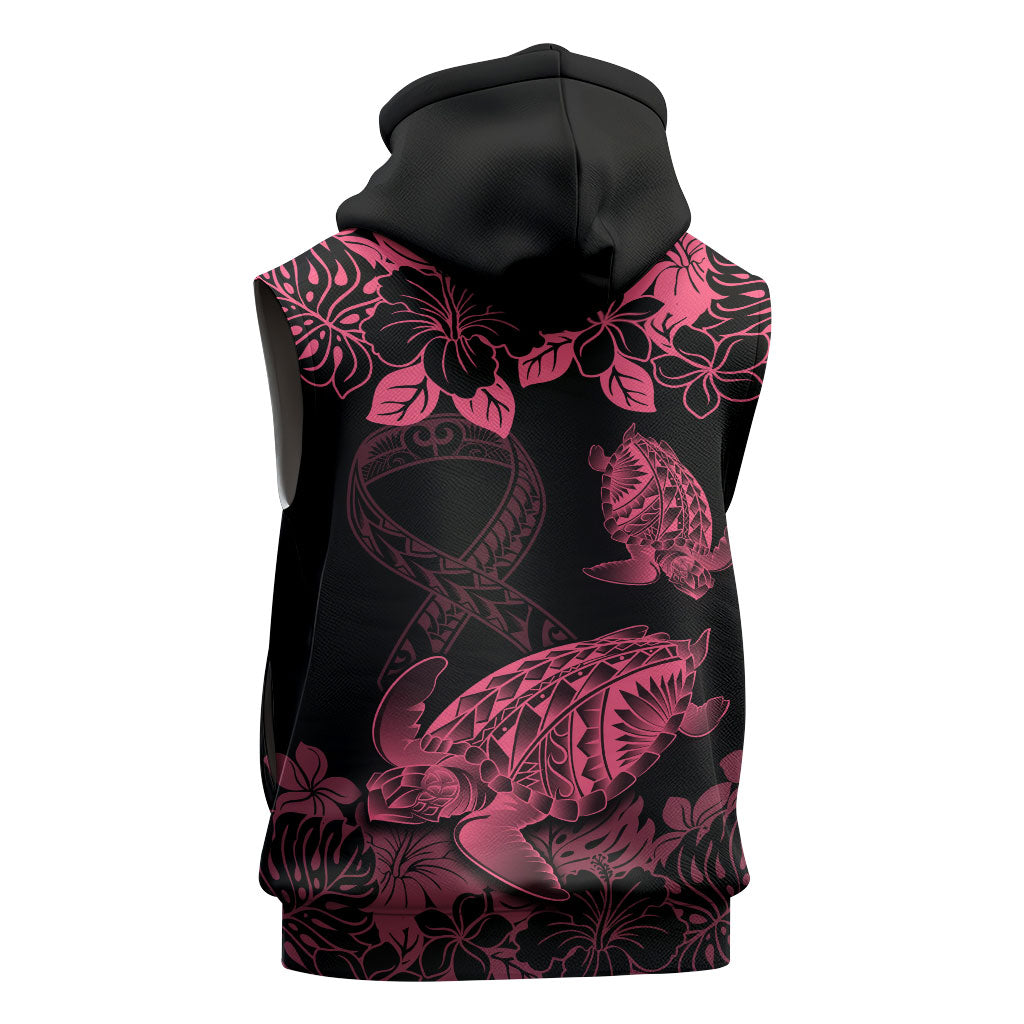 Personalised Polynesian Turtle Ribbon Sleeveless Zip Hoodie Think Pink Breast Cancer Support With Pacific Hibiscus