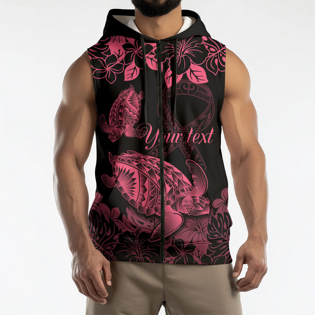 Personalised Polynesian Turtle Ribbon Sleeveless Zip Hoodie Think Pink Breast Cancer Support With Pacific Hibiscus