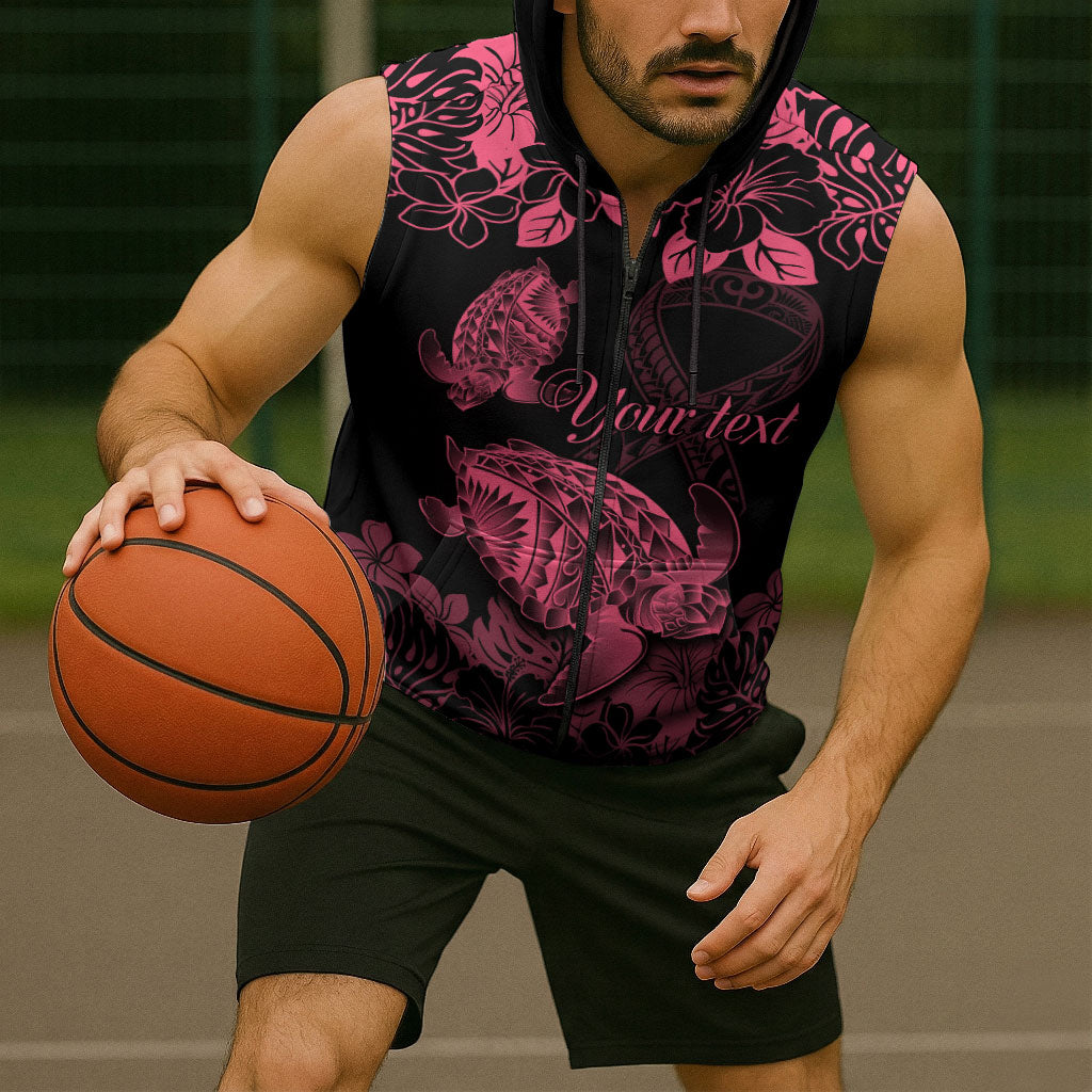 Personalised Polynesian Turtle Ribbon Sleeveless Zip Hoodie Think Pink Breast Cancer Support With Pacific Hibiscus