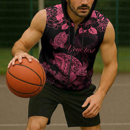Personalised Polynesian Turtle Ribbon Sleeveless Zip Hoodie Think Pink Breast Cancer Support With Pacific Hibiscus