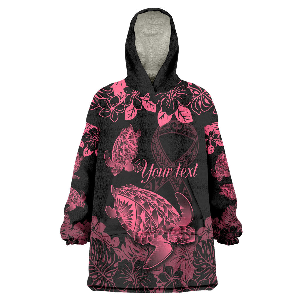 Personalised Polynesian Turtle Ribbon Wearable Blanket Hoodie Think Pink Breast Cancer Support With Pacific Hibiscus