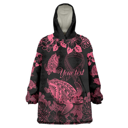 Personalised Polynesian Turtle Ribbon Wearable Blanket Hoodie Think Pink Breast Cancer Support With Pacific Hibiscus
