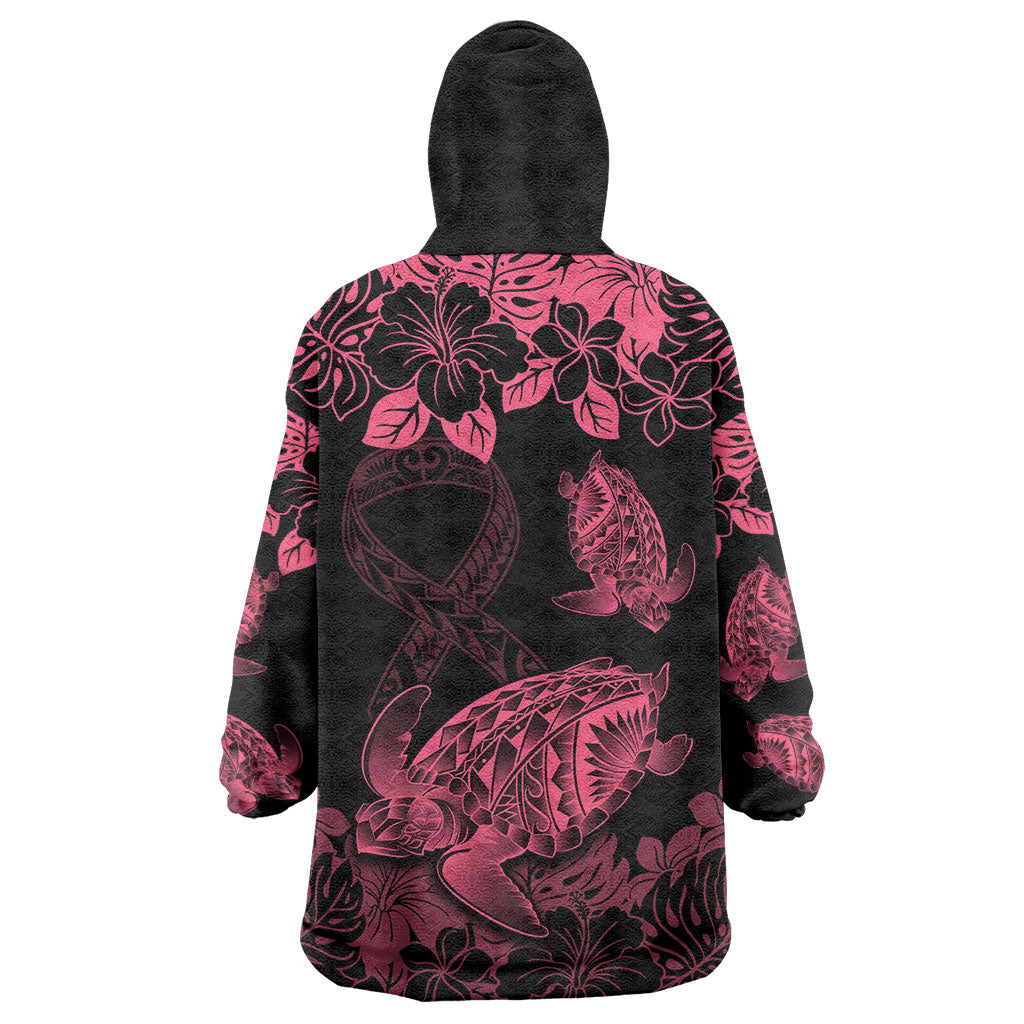 Personalised Polynesian Turtle Ribbon Wearable Blanket Hoodie Think Pink Breast Cancer Support With Pacific Hibiscus