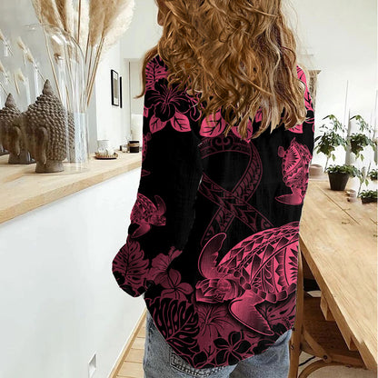 Personalised Polynesian Turtle Ribbon Women Casual Shirt Think Pink Breast Cancer Support With Pacific Hibiscus