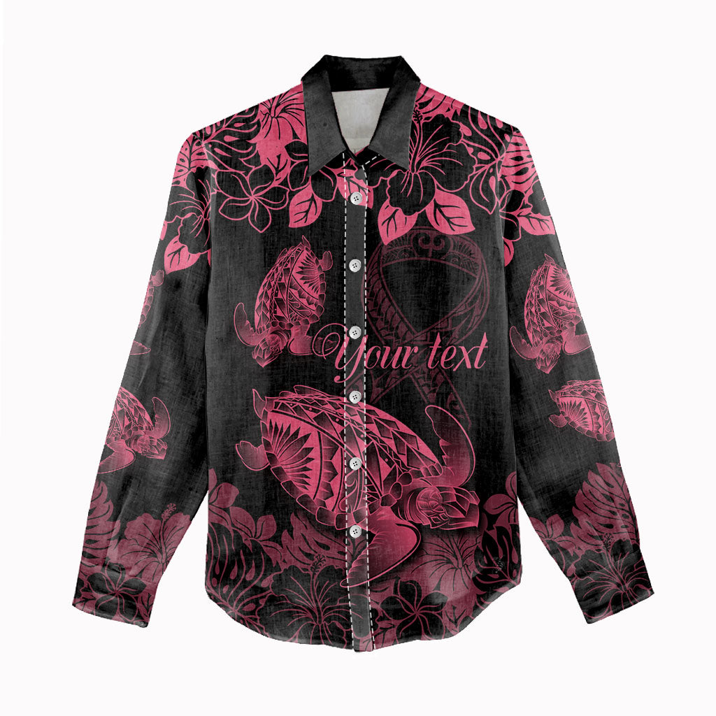 Personalised Polynesian Turtle Ribbon Women Casual Shirt Think Pink Breast Cancer Support With Pacific Hibiscus