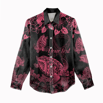 Personalised Polynesian Turtle Ribbon Women Casual Shirt Think Pink Breast Cancer Support With Pacific Hibiscus