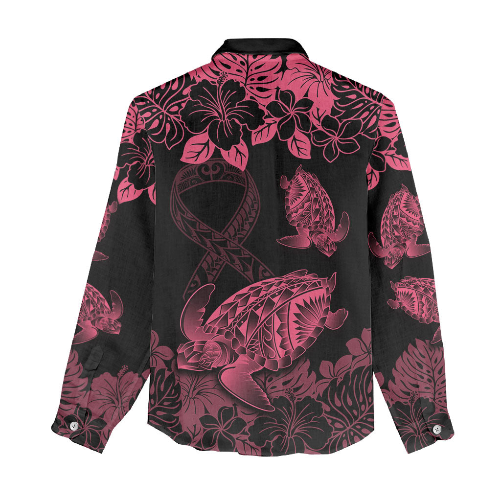 Personalised Polynesian Turtle Ribbon Women Casual Shirt Think Pink Breast Cancer Support With Pacific Hibiscus
