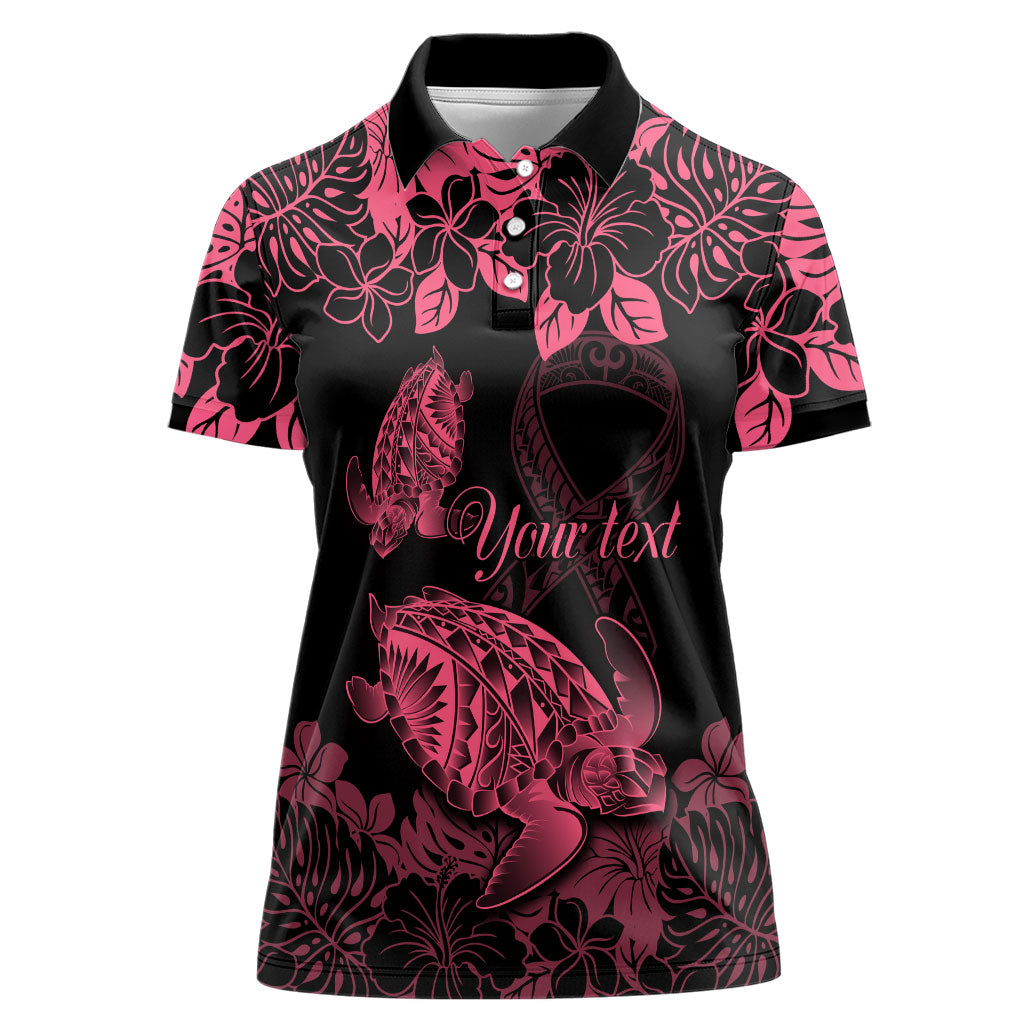 Personalised Polynesian Turtle Ribbon Women Polo Shirt Think Pink Breast Cancer Support With Pacific Hibiscus