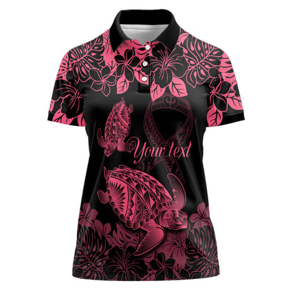 Personalised Polynesian Turtle Ribbon Women Polo Shirt Think Pink Breast Cancer Support With Pacific Hibiscus