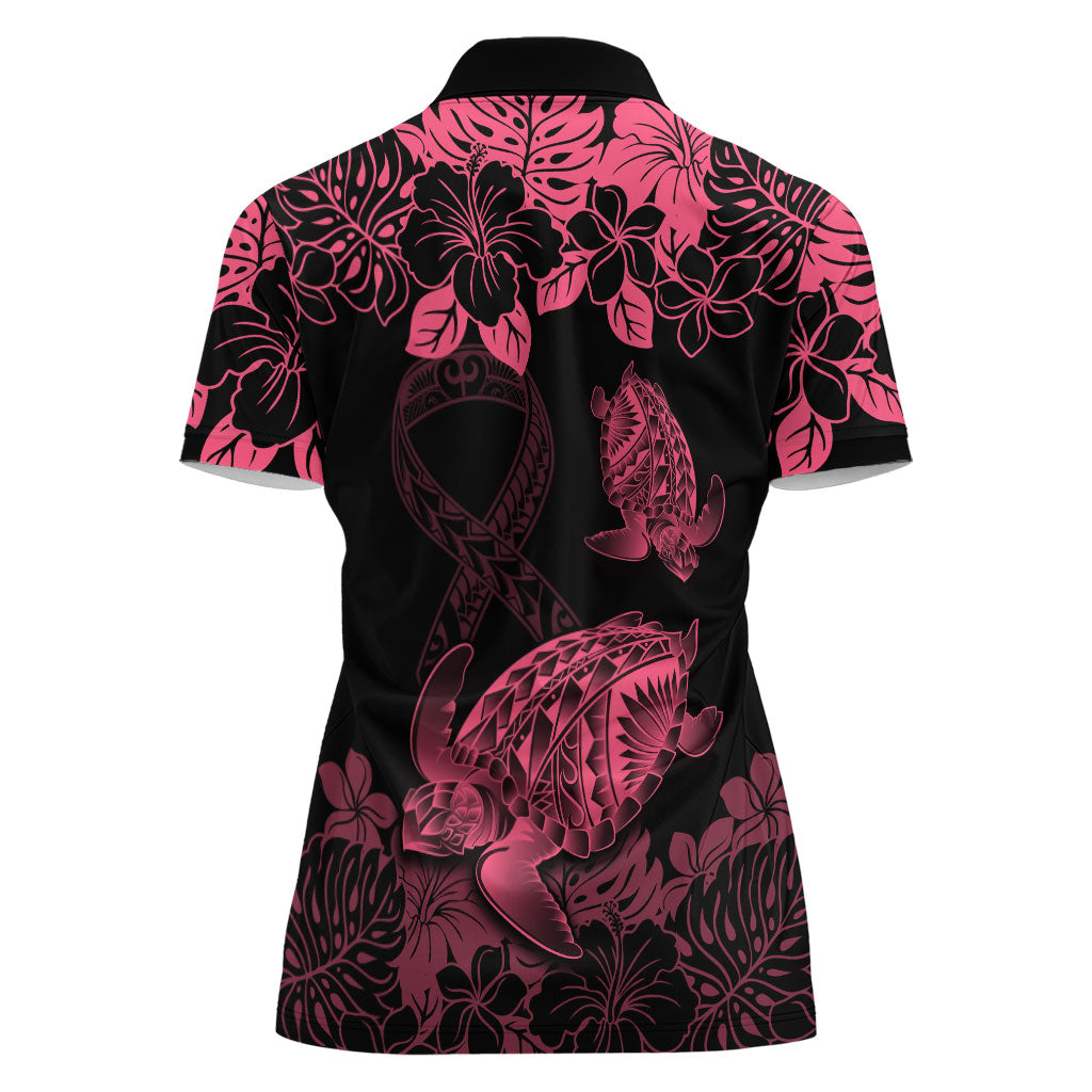 Personalised Polynesian Turtle Ribbon Women Polo Shirt Think Pink Breast Cancer Support With Pacific Hibiscus
