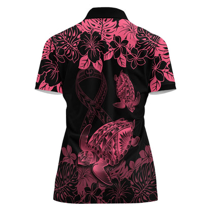 Personalised Polynesian Turtle Ribbon Women Polo Shirt Think Pink Breast Cancer Support With Pacific Hibiscus