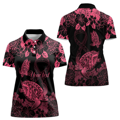Personalised Polynesian Turtle Ribbon Women Polo Shirt Think Pink Breast Cancer Support With Pacific Hibiscus