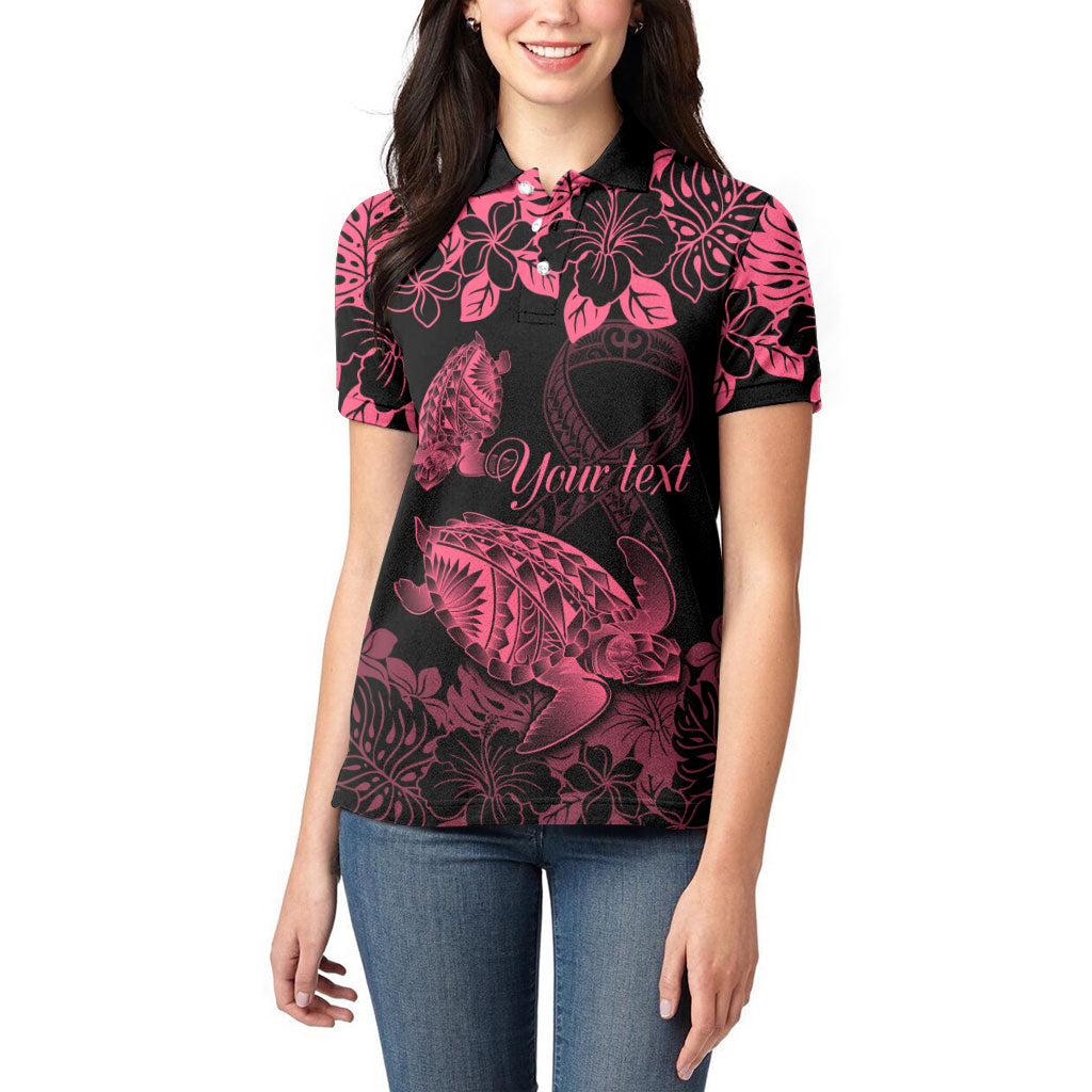 Personalised Polynesian Turtle Ribbon Women Polo Shirt Think Pink Breast Cancer Support With Pacific Hibiscus