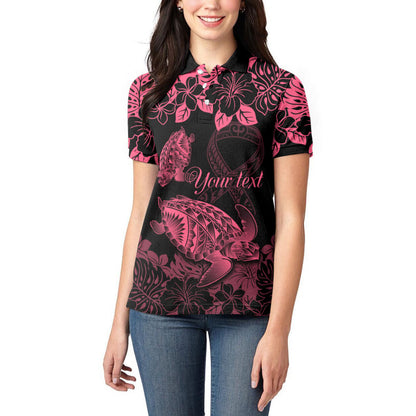 Personalised Polynesian Turtle Ribbon Women Polo Shirt Think Pink Breast Cancer Support With Pacific Hibiscus