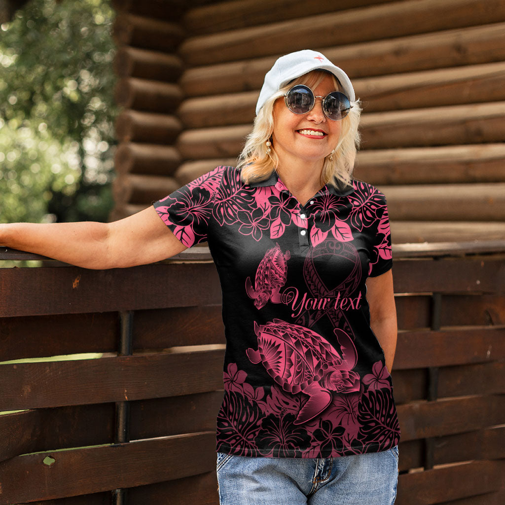 Personalised Polynesian Turtle Ribbon Women Polo Shirt Think Pink Breast Cancer Support With Pacific Hibiscus