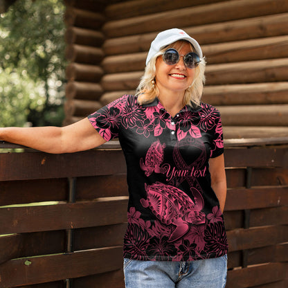 Personalised Polynesian Turtle Ribbon Women Polo Shirt Think Pink Breast Cancer Support With Pacific Hibiscus