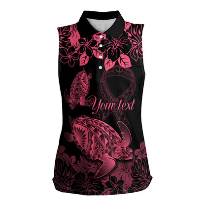 Personalised Polynesian Turtle Ribbon Women Sleeveless Polo Shirt Think Pink Breast Cancer Support With Pacific Hibiscus
