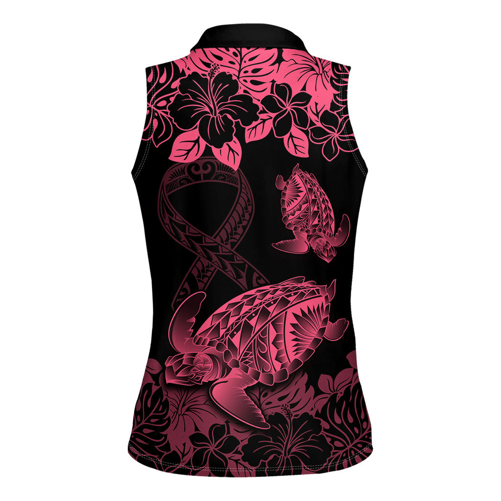 Personalised Polynesian Turtle Ribbon Women Sleeveless Polo Shirt Think Pink Breast Cancer Support With Pacific Hibiscus