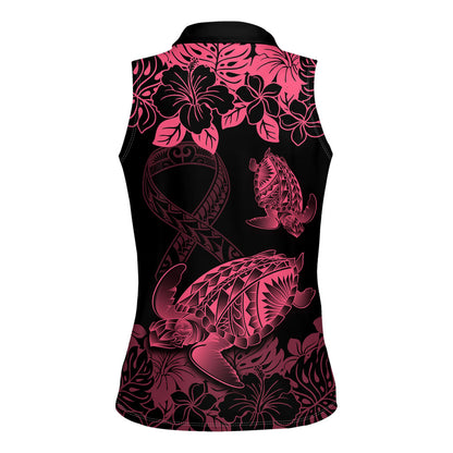 Personalised Polynesian Turtle Ribbon Women Sleeveless Polo Shirt Think Pink Breast Cancer Support With Pacific Hibiscus