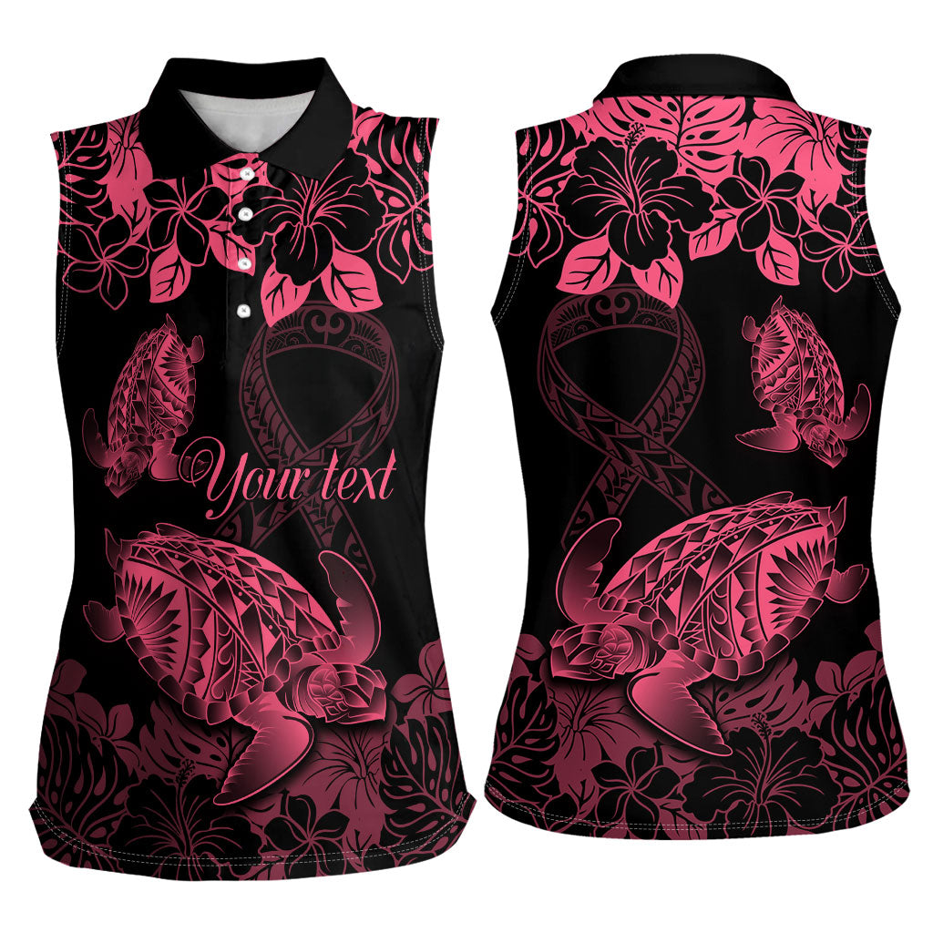 Personalised Polynesian Turtle Ribbon Women Sleeveless Polo Shirt Think Pink Breast Cancer Support With Pacific Hibiscus