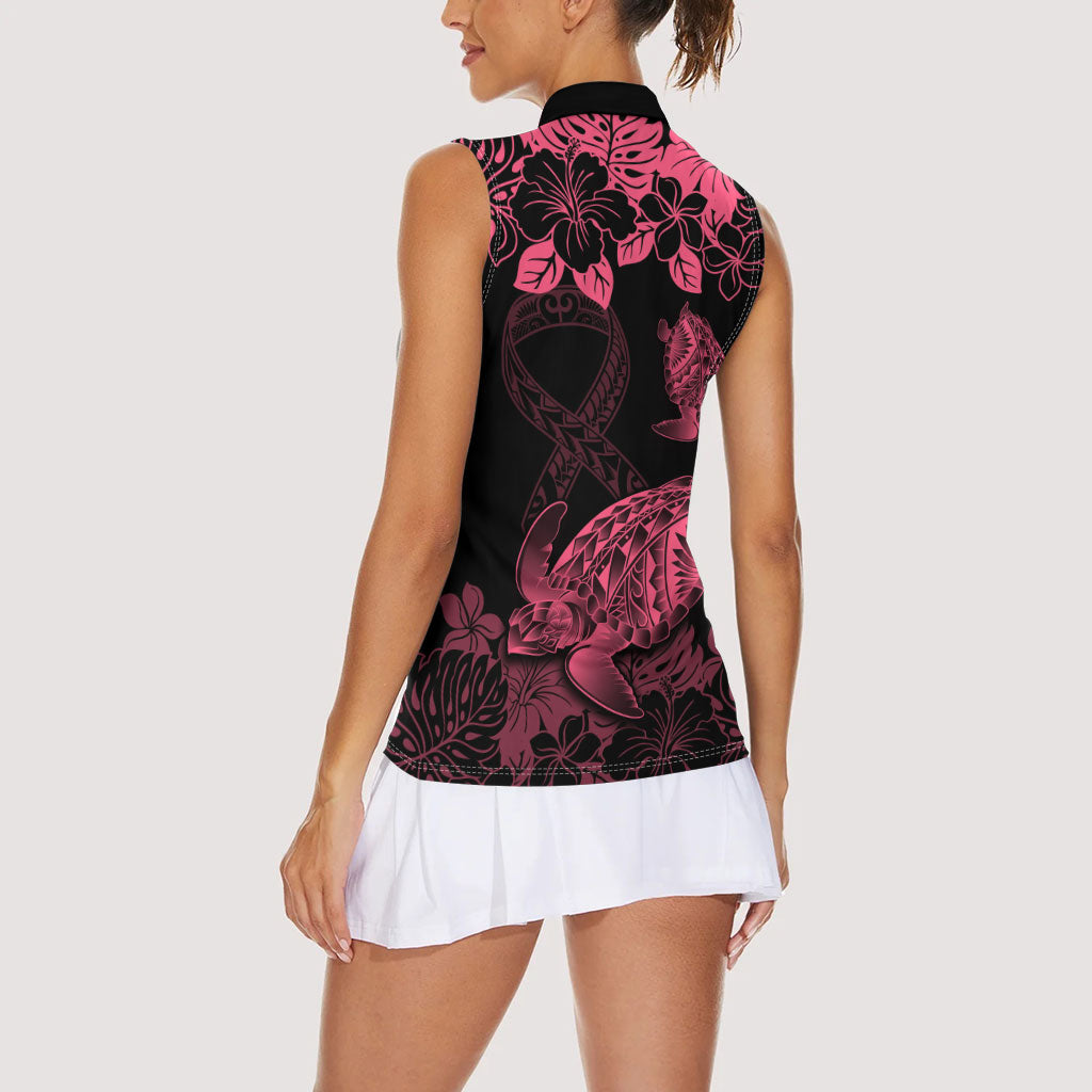 Personalised Polynesian Turtle Ribbon Women Sleeveless Polo Shirt Think Pink Breast Cancer Support With Pacific Hibiscus