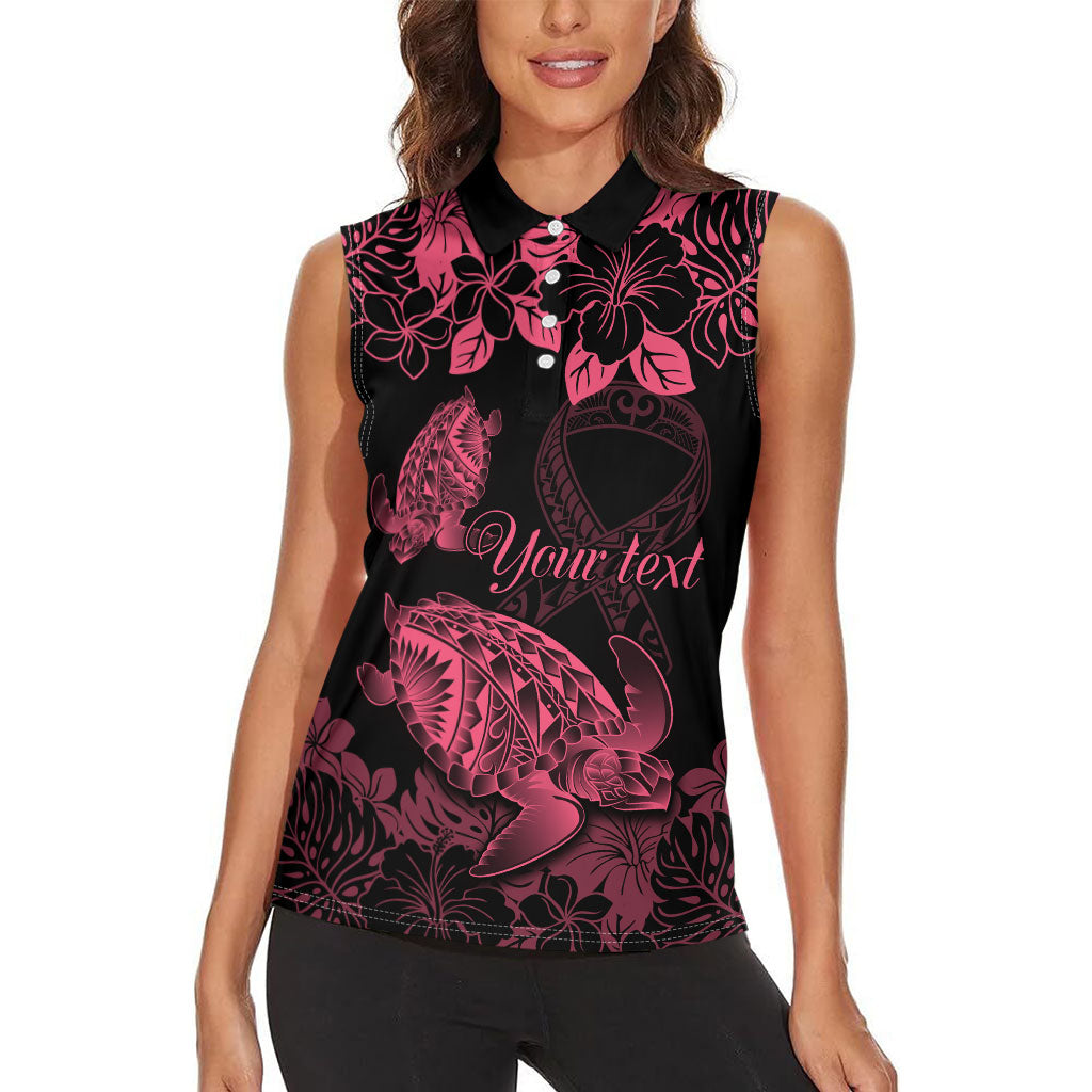 Personalised Polynesian Turtle Ribbon Women Sleeveless Polo Shirt Think Pink Breast Cancer Support With Pacific Hibiscus