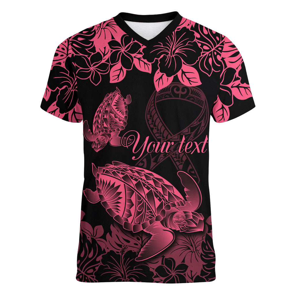 Personalised Polynesian Turtle Ribbon Women V-Neck T-Shirt Think Pink Breast Cancer Support With Pacific Hibiscus