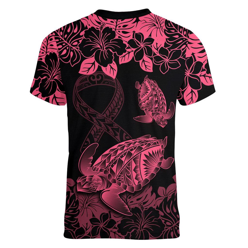Personalised Polynesian Turtle Ribbon Women V-Neck T-Shirt Think Pink Breast Cancer Support With Pacific Hibiscus