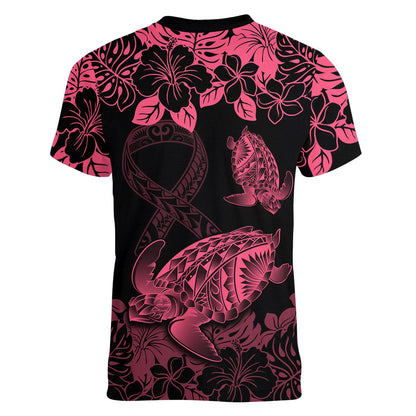 Personalised Polynesian Turtle Ribbon Women V-Neck T-Shirt Think Pink Breast Cancer Support With Pacific Hibiscus