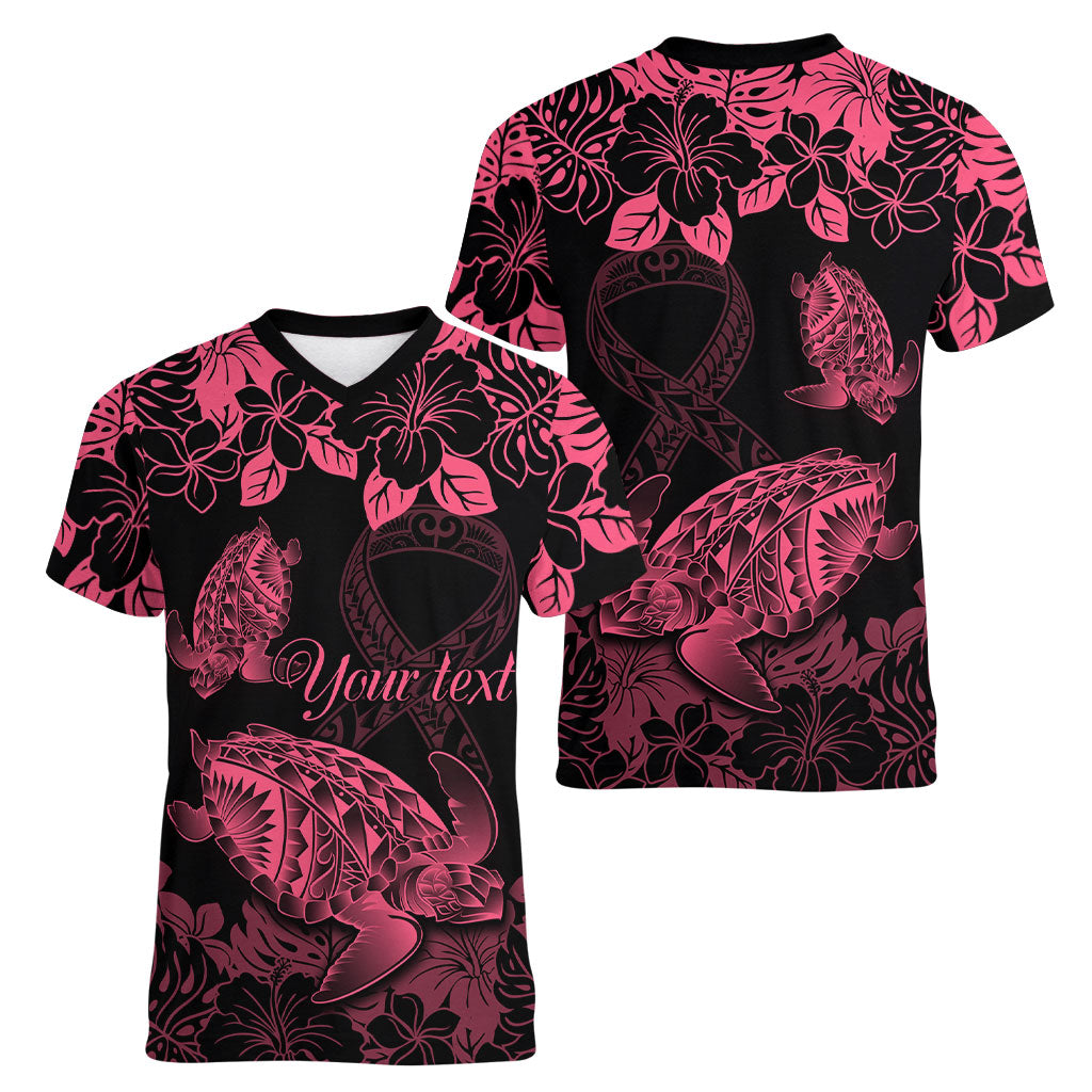 Personalised Polynesian Turtle Ribbon Women V-Neck T-Shirt Think Pink Breast Cancer Support With Pacific Hibiscus