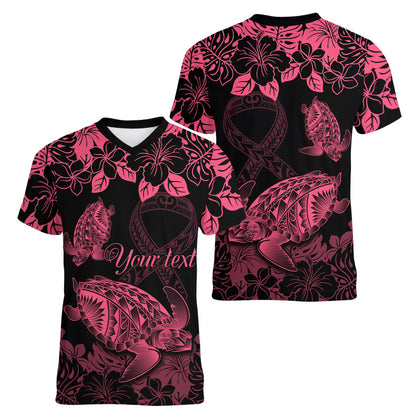Personalised Polynesian Turtle Ribbon Women V-Neck T-Shirt Think Pink Breast Cancer Support With Pacific Hibiscus