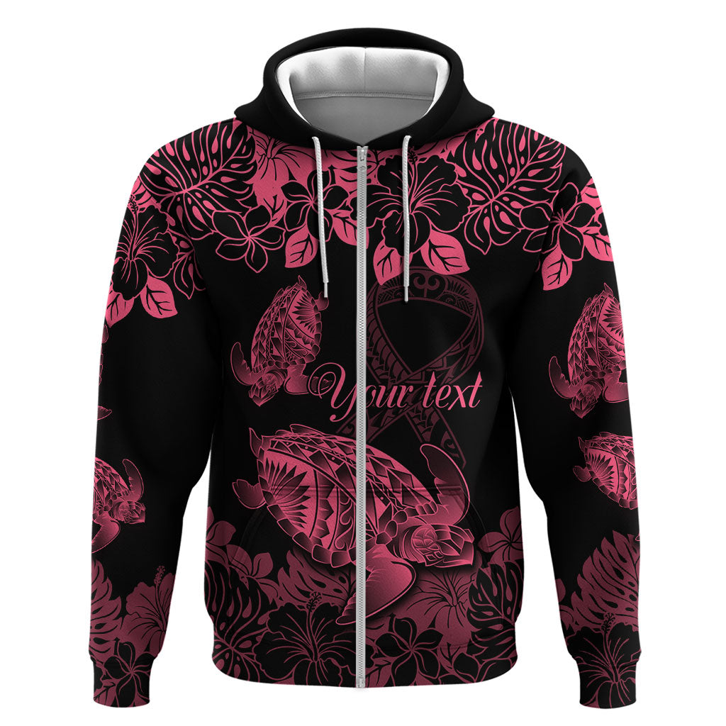 Personalised Polynesian Turtle Ribbon Zip Hoodie Think Pink Breast Cancer Support With Pacific Hibiscus