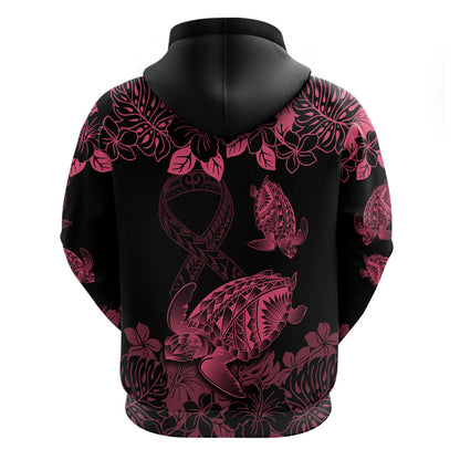Personalised Polynesian Turtle Ribbon Zip Hoodie Think Pink Breast Cancer Support With Pacific Hibiscus