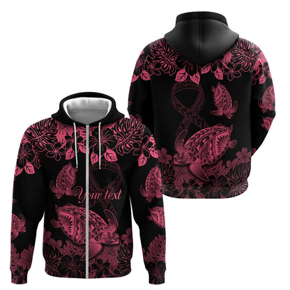 Personalised Polynesian Turtle Ribbon Zip Hoodie Think Pink Breast Cancer Support With Pacific Hibiscus