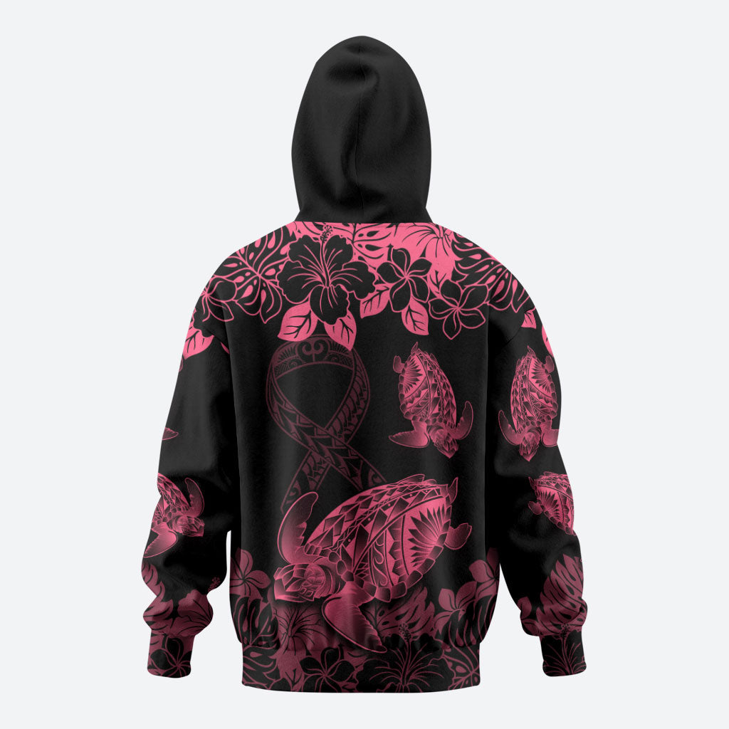 Personalised Polynesian Turtle Ribbon Zip Hoodie Think Pink Breast Cancer Support With Pacific Hibiscus