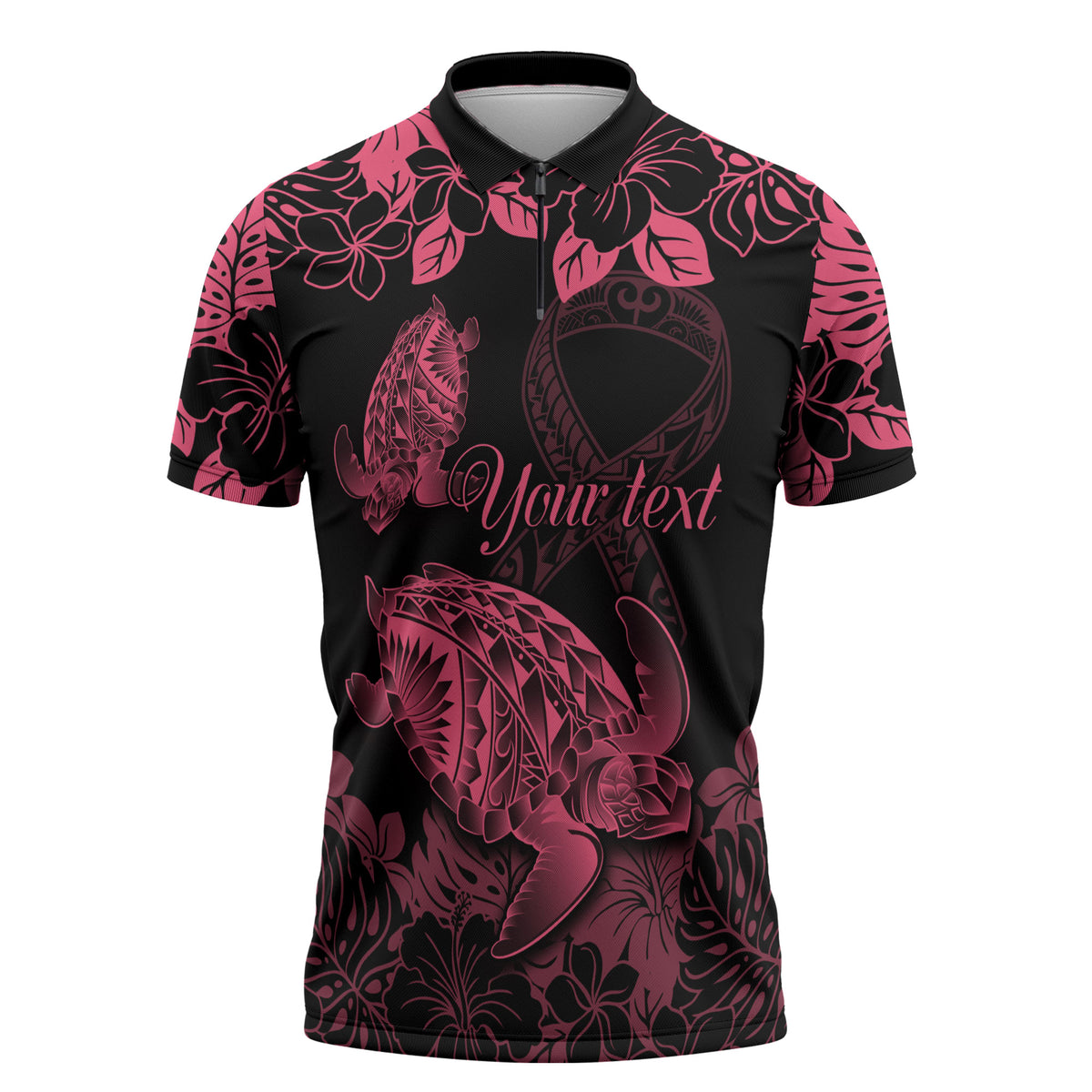 Personalised Polynesian Turtle Ribbon Zipper Polo Shirt Think Pink Breast Cancer Support With Pacific Hibiscus