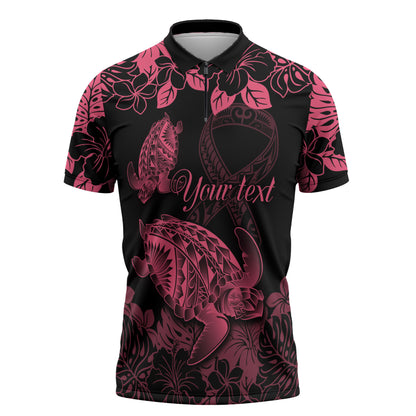 Personalised Polynesian Turtle Ribbon Zipper Polo Shirt Think Pink Breast Cancer Support With Pacific Hibiscus