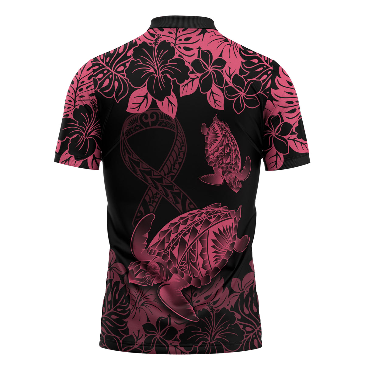 Personalised Polynesian Turtle Ribbon Zipper Polo Shirt Think Pink Breast Cancer Support With Pacific Hibiscus