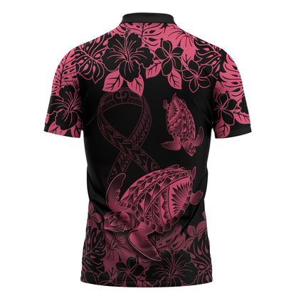 Personalised Polynesian Turtle Ribbon Zipper Polo Shirt Think Pink Breast Cancer Support With Pacific Hibiscus