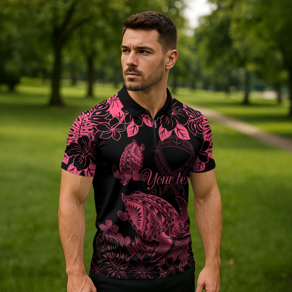 Personalised Polynesian Turtle Ribbon Zipper Polo Shirt Think Pink Breast Cancer Support With Pacific Hibiscus
