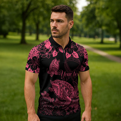 Personalised Polynesian Turtle Ribbon Zipper Polo Shirt Think Pink Breast Cancer Support With Pacific Hibiscus