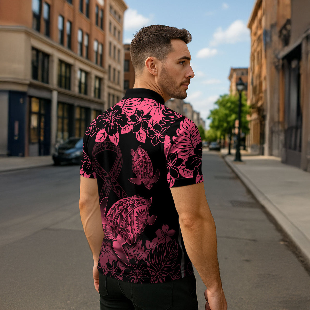 Personalised Polynesian Turtle Ribbon Zipper Polo Shirt Think Pink Breast Cancer Support With Pacific Hibiscus