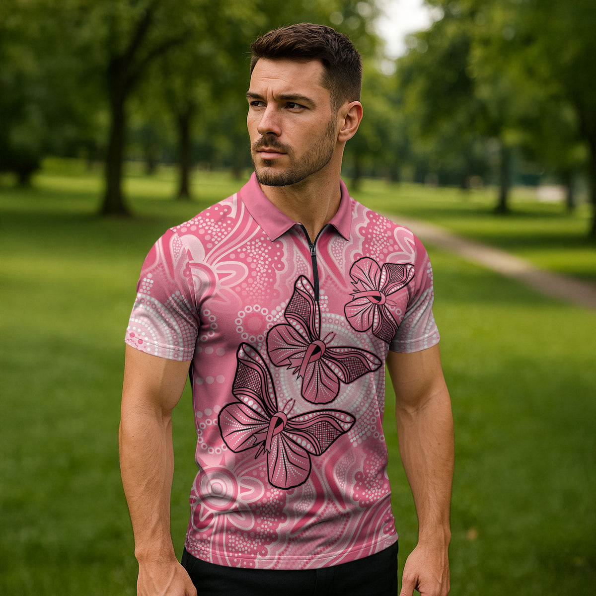 Personalized Pink Butterfly Spirit Zipper Polo Shirt Australia’s Breast Cancer Support