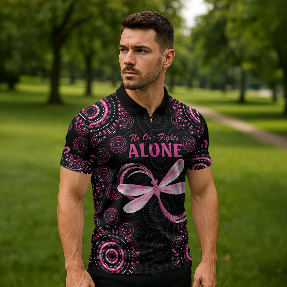 Personalized Pink Dragonfly Aboriginal of Hope Zipper Polo Shirt Australia’s Breast Cancer Support