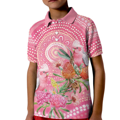 Personalized Pink Galah Aboriginal Dot Art Kid Polo Shirt Australia’s Breast Cancer Support