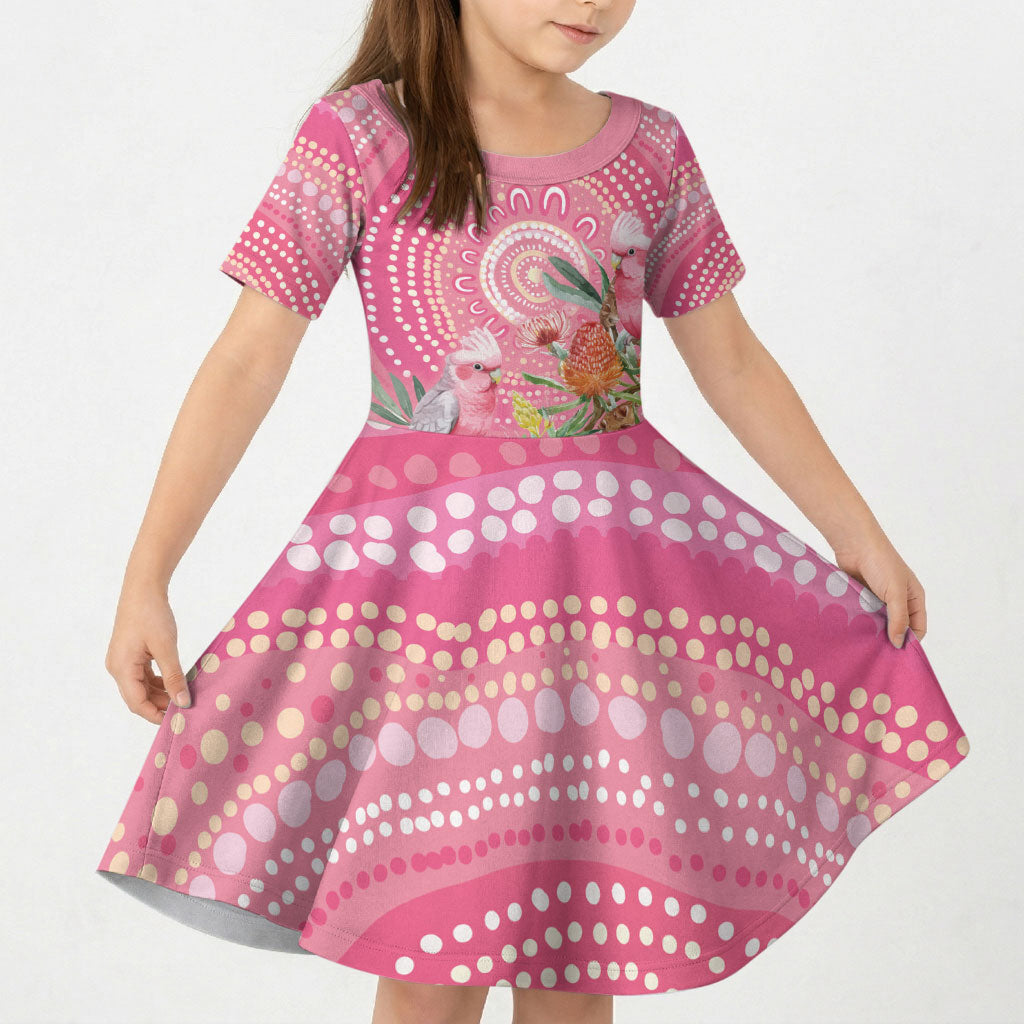 Personalized Pink Galah Aboriginal Dot Art Kid Short Sleeve Dress Australia’s Breast Cancer Support