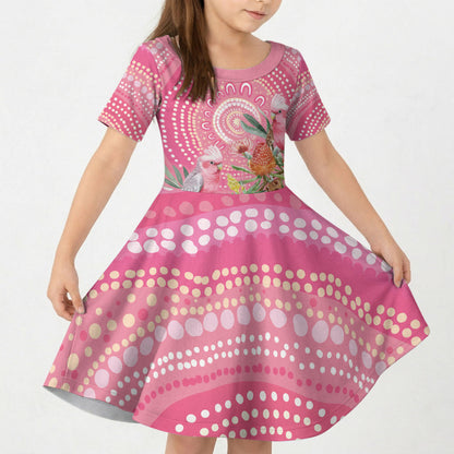Personalized Pink Galah Aboriginal Dot Art Kid Short Sleeve Dress Australia’s Breast Cancer Support
